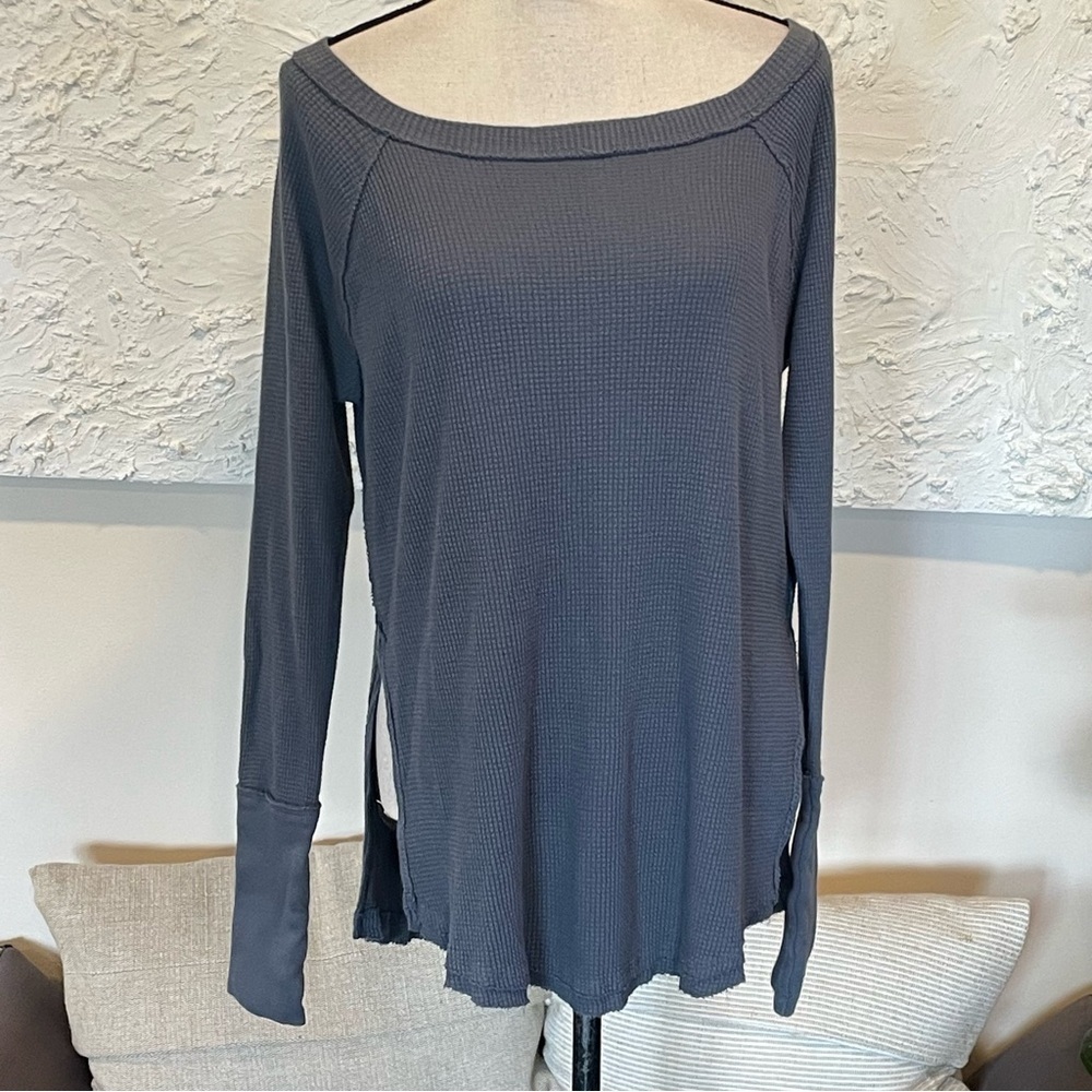We the Free Free People Top Cotton Waffle Knit Raw Edge Long Sleeve Gray Sz S